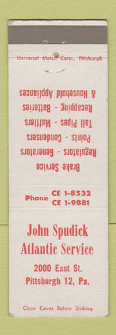 Matchbook Cover - John Spudick Atlantic oil gas auto repair Pittsburgh PA
