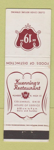 Matchbook Cover - Kuenning's Restaurant Columbus OH
