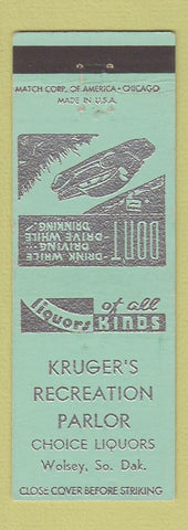 Matchbook Cover - Kruger's Recreation Parlor Welsey SD