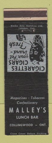 Matchbook Cover - Malley's Lunch Bar Collingwood ON WEAR