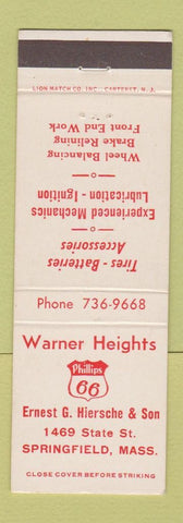 Matchbook Cover - Warner Heights Phillips 66 oil gas Springfield MA