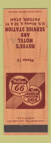 Matchbook Cover - Phillips 66 oil gas Royce's Motel Payson UT WEAR