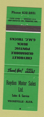 Matchbook Cover Raydon Motors Vegreville AB Chevrolet Buick Pontiac Buick GREEN