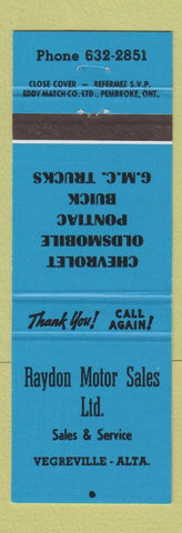 Matchbook Cover - Raydon Motors Vegreville AB Chevrolet Buick Pontiac Buick BLUE
