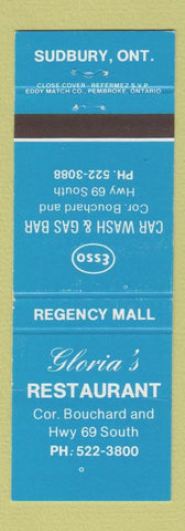 Matchbook Cover - Gloria's Restaurant Esso oil gas Car Wash Sudbury ON