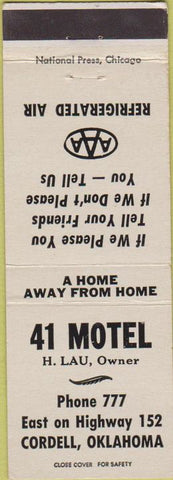 Matchbook Cover - 41 Motel AAA Cordell OK