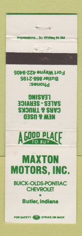 Matchbook Cover Maxton Motors Buick Oldsmobile Pontiac Chevrolet Butler IN WEAR