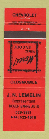 Matchbook Cover - JN Lemelin Oldsmobile Chevrolet Roger Barre