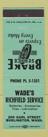 Matchbook Cover - Wade's Richfield oil gas Burlington WA