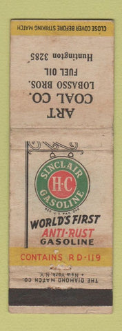 Matchbook Cover - Sinclair oil gas Art Coal Lobasso Bros WORN