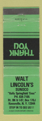Matchbook Cover - Walt Lincoln's Sunoco oil gas Keeseville NY Kelly Tires
