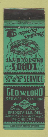 Matchbook Cover - Lord's Restaurant Lord Sunoco oil gas Bridgeville DE