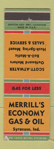 Matchbook Cover - Merrill's oil gas Syracuse NY Scott Atwater Boat Motors WEAR