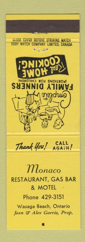 Matchbook Cover - Monaco Restaurant oil gas Motel Wasaga Beach ON
