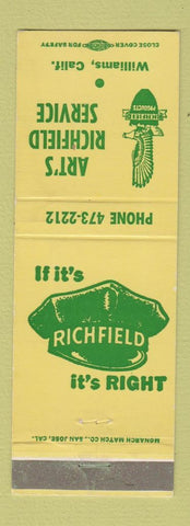 Matchbook Cover - Art's Richfield oil gas Williams CA