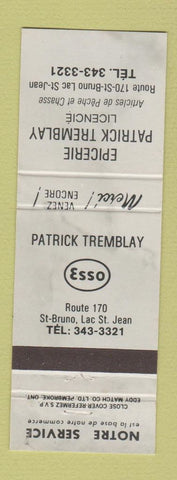 Matchbook Cover - Esso oil gas Patrick Tremblay Lac St Jean QC GRAY