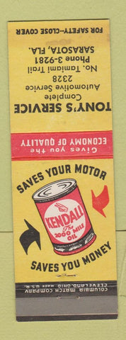 Matchbook Cover - Kendall oil gas Tony's Sarasota FL