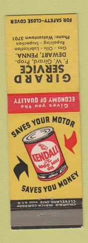 Matchbook Cover - Kendall oil gas Girard Dewart PA