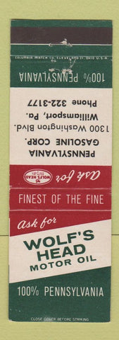 Matchbook Cover - Wolf's Head oil gas Williamsport PA