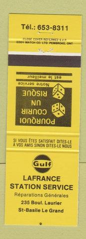 Matchbook Cover - Gulf oil gas Lafrance Station St Basile Le Grand QC YELLOW