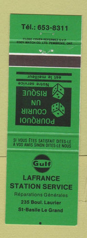 Matchbook Cover - Gulf oil gas Lafrance Station St Basile Le Grand QC GREEN