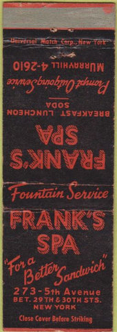 Matchbook Cover - Frank's Spa Soda Fountain New York NY