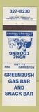 Matchbook Cover - Greenbush Gas Bar and Snack Bar Harriston ON