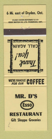 Matchbook Cover - Mr D's Esso oil gas Dryden ON NEON YELLOW