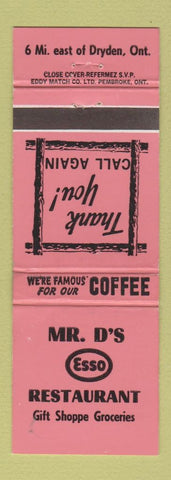 Matchbook Cover - Mr D's Esso oil gas Dryden ON RED