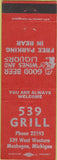 Matchbook Cover - 539 Grill Restaurant Muskegon MI
