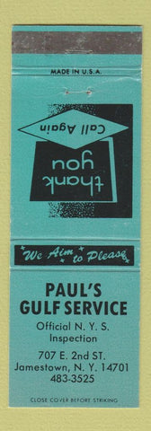 Matchbook Cover - Paul's Gulf oil gas Jamestown NY TEAL