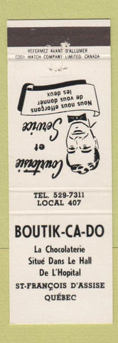 Matchbook Cover - Boutik Ca Do St Francois D'Assise QC hospital chocolate