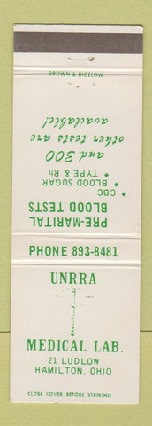 Matchbook Cover - Unrra Medical Lab Hamilton OH Blood Tests