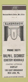 Matchbook Cover - Ralph Sechrist Cemetery Memorials Red Lion PA