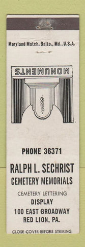 Matchbook Cover - Ralph Sechrist Cemetery Memorials Red Lion PA