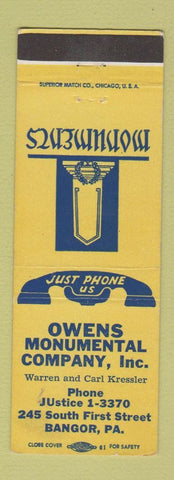 Matchbook Cover - Owens Monumental Monuments Memorials Bangor PA