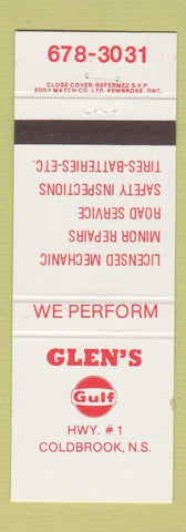 Matchbook Cover - Glen's Gulf oil gas Coldbrook NS