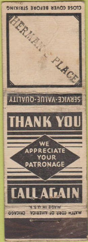 Matchbook Cover - Herman Place Thank You No Town