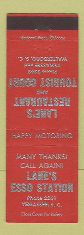 Matchbook Cover - Lane's Esso oil gas Motel Restaurant Walterboro SC Yemassee