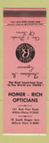 Matchbook Cover - Homer Rich Opticians White Plains Mount Kisco NY PINK