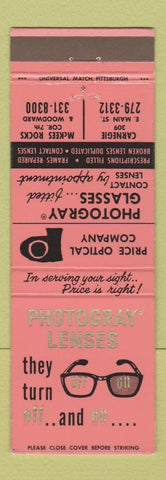 Matchbook Cover - Photogray Glasses Pine Optical Carnegie McKees Rocks PA