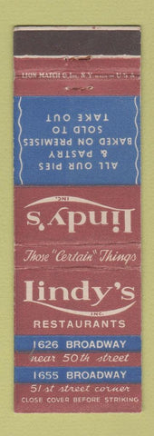 Matchbook Cover - Lindy's Restaurant New York City