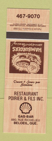 Matchbook Cover - Shell oil gas Restaurant Poirier & Fils Beloeil QC