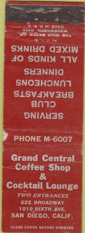 Matchbook Cover - Grand Central Coffee Shop San Diego CA