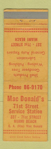 Matchbook Cover - MacDonald's oil gas Miami Beach FL Shell WEAR