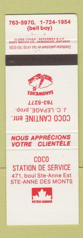 Matchbook Cover - Petro Canada oil gas Coco Cantine Ste Anne Des Monts QC