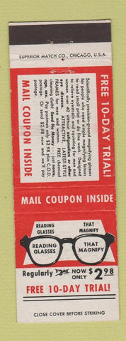 Matchbook Cover - Reading Glasses Offer Home Optical Chicago IL