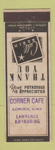 Matchbook Cover - Corner Cafe Lowden IA Lawrence Krunbring ARROW STAMPED