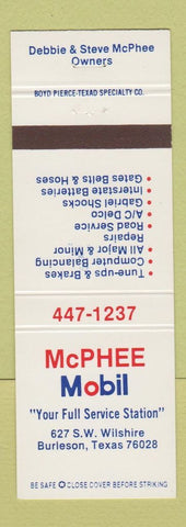 Matchbook Cover - McPhee Mobil oil gas Burleson TX