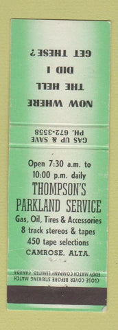 Matchbook Cover - Thompson's Parkland oil gas Camrose AB WEAR